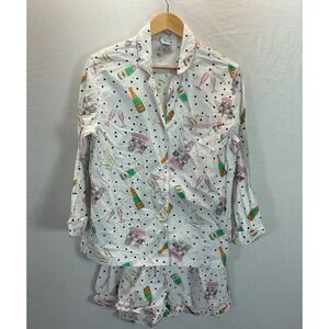 8 Oak Lane 2 Piece Champagne Pajamas Shorts Long Sleeve Button Size M